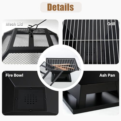 Quilushey 19.8inch Portable Small Fire Pit with a Removable Ash Pan, Fire Poker, Mesh Lid, 2 in 1 Square Outdoor Fireplace for BBQ, Outside Heating, Bonfire Party, Camping, Backyard, Patio, RV Trip