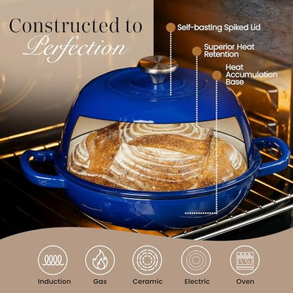 Enamelled Cast Iron Dutch Oven Pot – Dutch Oven For Sourdough Bread Baking – Cast Iron Bread Pot – Dark Blue, 6 Quarts, 26cm – by Nuovva