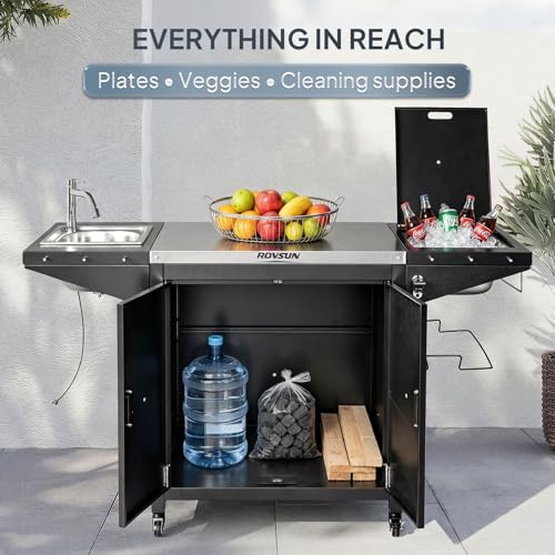 ROVSUN Outdoor Grill Cart with Sink, 304 Stainless Steel Sink with Cold Drink Refrigerated Area, Rolling Kitchen Prep Island with Cabinet, Bottle Opener, Rubbish Rack, for Patio, Gardens, Backyards