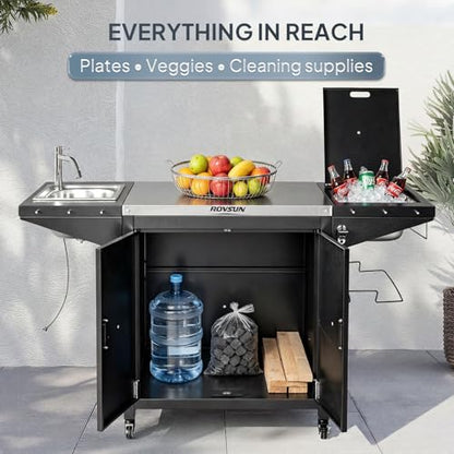 ROVSUN Outdoor Grill Cart with Sink, 304 Stainless Steel Sink with Cold Drink Refrigerated Area, Rolling Kitchen Prep Island with Cabinet, Bottle Opener, Rubbish Rack, for Patio, Gardens, Backyards