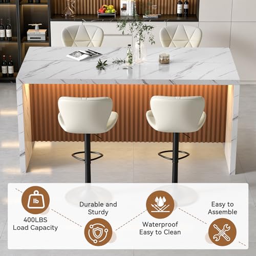 67" Kitchen Island Table with Faux Marble Top, Counter Height Dining Table for Kitchen, Modern Island Table with Fluted Base, Seats 4