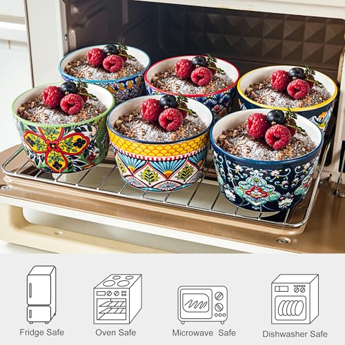 8 oz Ramekins Oven-Safe – Baking Cups for Creme Brulee, Puddings, Souffles, Custards, Ice Cream & Dips – Ceramic Single-Serve Bowls Set of 6, Bohemian Style