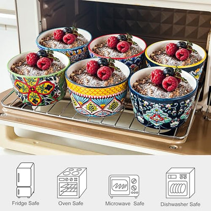 8 oz Ramekins Oven-Safe – Baking Cups for Creme Brulee, Puddings, Souffles, Custards, Ice Cream & Dips – Ceramic Single-Serve Bowls Set of 6, Bohemian Style
