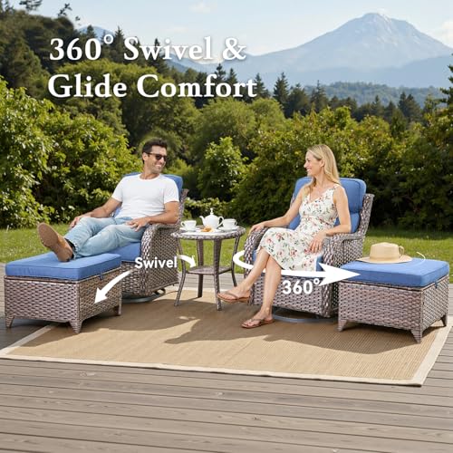 Belord Luxury 6" Thick Cushioned 11 Pieces Patio Furniture Set with Outdoor Couch, Wicker Outdoor Conversation Set with High Back Swivel Rocker Chairs for Deck Porch Yard and Poolside - Brown+Blue