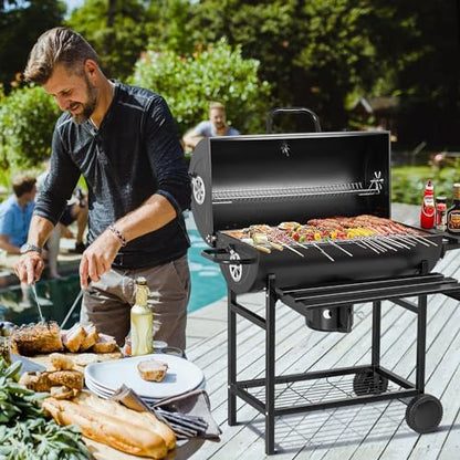 Flamaker Charcoal Grill Barrel style BBQ Charcoal Grill with Three Item Racks Thermometer Double-Layer Chrome-Plated Iron Baking Pan Ash Catcher for Camping Outdoor BBQ