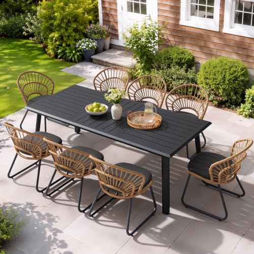 PATIOHIT 9 Piece Aluminum Outdoor Dining Set with Rattan Patio Chairs