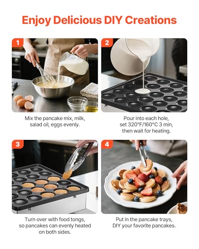 VEVOR Mini Pancake Maker, 25PCS 43mm Diameter Dutch Muffin Waffle Baker, Non-stick Stainless Steel Poffertjes Grill, Commercial Electric Dorayaki Machine, Temp & Time Control, Home Kitchen Restaurant