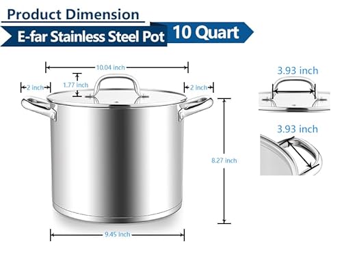 E-far 10 Quart Pot, Stainless Steel Stock Cooking Pot with Glass Lid for Soup Canning Stewing Simmering, Heavy Duty Large Cookware with Triply Base for Induction Gas Ceramic Stoves, Dishwasher Safe