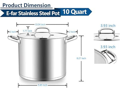 E-far 10 Quart Pot, Stainless Steel Stock Cooking Pot with Glass Lid for Soup Canning Stewing Simmering, Heavy Duty Large Cookware with Triply Base for Induction Gas Ceramic Stoves, Dishwasher Safe
