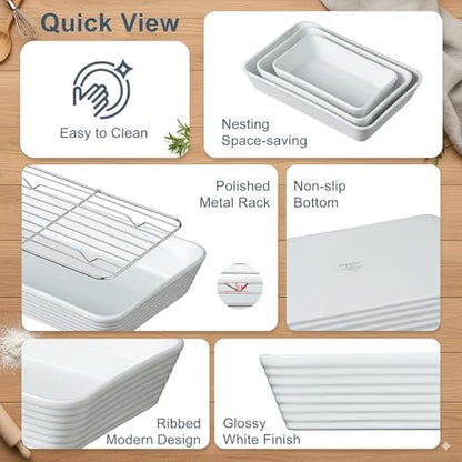 ONEMORE Baking Dishes for Oven, 9x13 Large Casserole Dishes for Oven with Roasting Racks, Rectangular Ceramic Baking Dish Set of 3 for Cooking & Serving, Deep Dish Lasagna Pan (3QT/2.1QT/1.3QT)