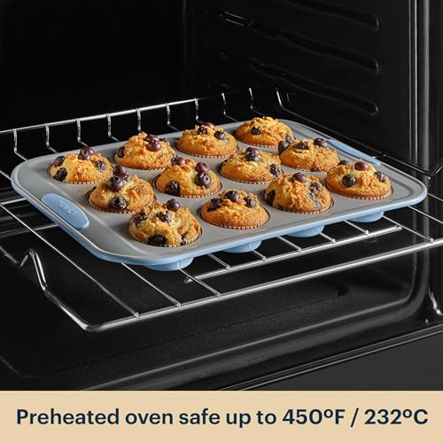 Pyrex 8-Piece Metal Bakeware Set, Lightweight Stainless Steel Baking Trays with Heatsafe Silicone Handles, Cookie & Muffin Sheets, Round/Square Baking Pans, Cerulean