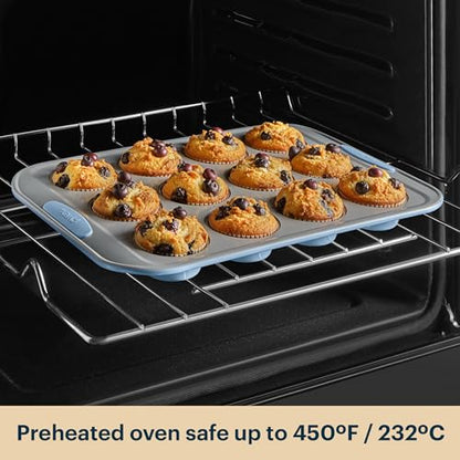 Pyrex 8-Piece Metal Bakeware Set, Lightweight Stainless Steel Baking Trays with Heatsafe Silicone Handles, Cookie & Muffin Sheets, Round/Square Baking Pans, Cerulean