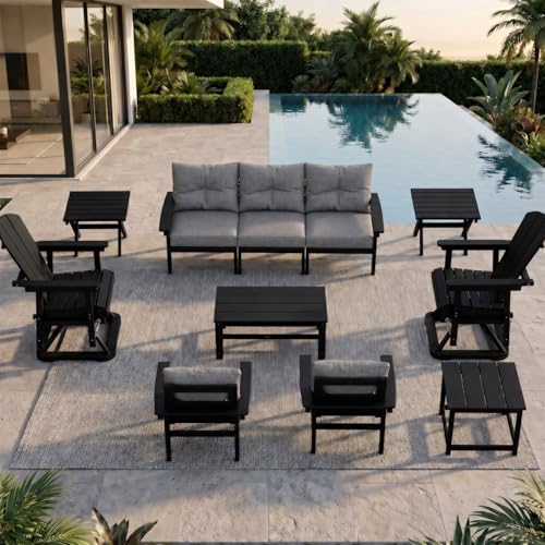 Patio Kingdom HDPE Outdoor Patio Furniture Set, 11-Piece Sectional Set with 3-Seat Sofa, 4 Armchairs & 4 Tables, All-Weather Couch with Grey Washable Cushions for Porch (Black Frame)
