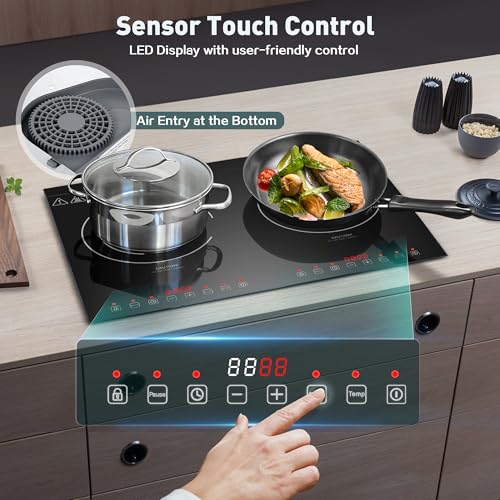 Induction Cooktop with 2 Burners, Horizontal Electric Stove, Built-In Induction Cooker, 1800W Sensor Touch Electric Cooktop, 9 Power Levels, Timer, Safety Lock, 120V, 20 Inch