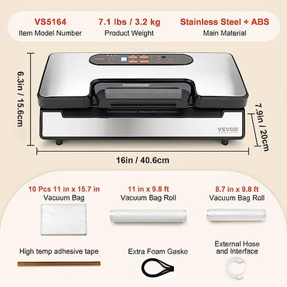 VEVOR Vacuum Sealer Machine, Food Sealer Machine，Dry and Moist Food Storage, Automatic and Manual Air Sealing System with Built-in Cutter, with Seal Bag， External Hose 90Kpa 130W Powerful Dual Pump