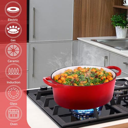 P&P CHEF Oval Dutch Oven with Lid, Enameled Cast Dutch Oven Pot for Bread Baking, Braising, Stewing, Roasting, Non-Stick & Oven Safe, Dual Handles & Easy Clean, 7QT & Red, Valentine's Day