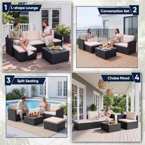 Greesum 3 Piece Patio Furniture Set Outdoor Wicker Rattan Sectional Sofa with Adjustable Seat, Soft Cushions & Coffee Table for Yard, Garden, Porch, Poolside, Beige