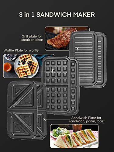 FOHERE Waffle Maker 3 in 1 with Removable Non-Stick Plates, 1200W