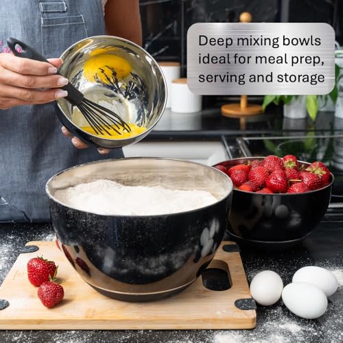 WHYSKO Stainless Steel Mixing Bowls Set of 3 with Non-Slip Silicone Base, Nesting Metal Bowls for Meal Prep, Baking, Cooking & Food Storage, Dishwasher Safe Kitchen Mixing Bowls, Black
