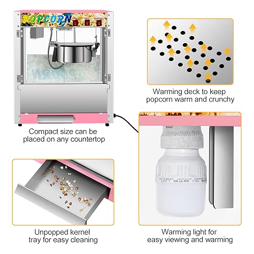 Commercial Popcorn Machine with 8 Oz Kettle, 850 W Countertop Popcorn Maker for 48 Cups per Batch, Theater Style Popper with 3 Switch Control Steel Frame Tempered Glass Doors (pink, 8OZ)