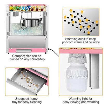 Commercial Popcorn Machine with 8 Oz Kettle, 850 W Countertop Popcorn Maker for 48 Cups per Batch, Theater Style Popper with 3 Switch Control Steel Frame Tempered Glass Doors (pink, 8OZ)