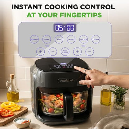 NutriChef Family Size 7.5 Quart Air Fryer | 6 Preset Cooking Modes | Glass Fry Bowl for Best Cooking | 360° Air Circulation | Cook Veggies, Steak, Fries, Seafood, Chicken & More | Gray