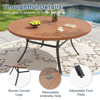 DIFY 11 Piece Outdoor Dining Set, 63" Walnut Round Metal Patio Table and Brown Textilene Stackable Chairs for 10, All Weather Patio Furniture Set with Umbrella Hole for Backyard Garden Deck