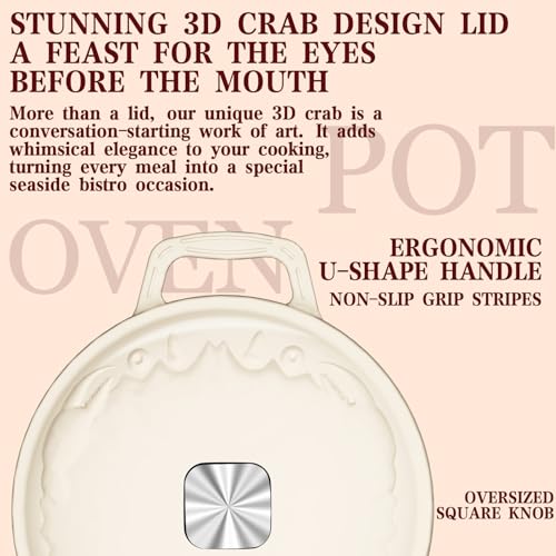 Enameled Cast Iron Dutch Oven - 5QT Dutch Oven Pot with Crab Lid & Oversized Knob & Ergonomic Handles - Heavy Duty Cookware for Braising, Stews, Roasting, Bread Baking - Cream White