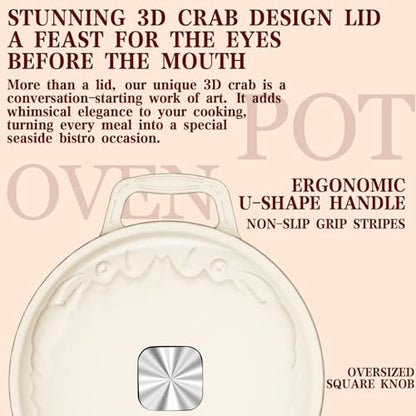 Enameled Cast Iron Dutch Oven - 5QT Dutch Oven Pot with Crab Lid & Oversized Knob & Ergonomic Handles - Heavy Duty Cookware for Braising, Stews, Roasting, Bread Baking - Cream White