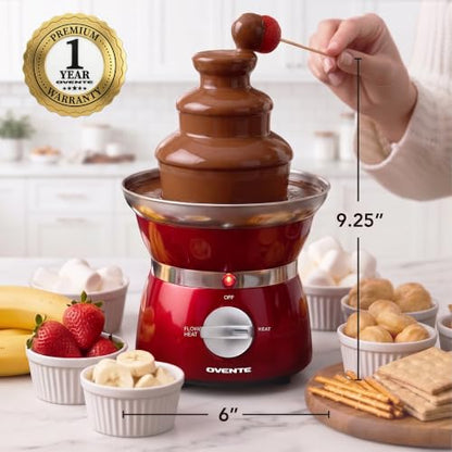 OVENTE 3 Tier Chocolate Fondue Fountain Machine, 6” x 6” x 9.4”, Red CFS73R
