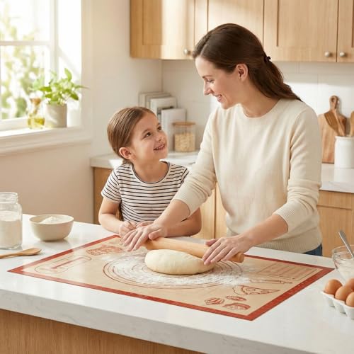 Silicone Baking Mat with Measurements, 26x16Inch Extra Thick Silicone Mats for Making Pie Bread Pizza, Nonstick Kitchen Pastry Matt for Dough Rolling Kneading, Heat Resistant Oven Liner Gift for Baker