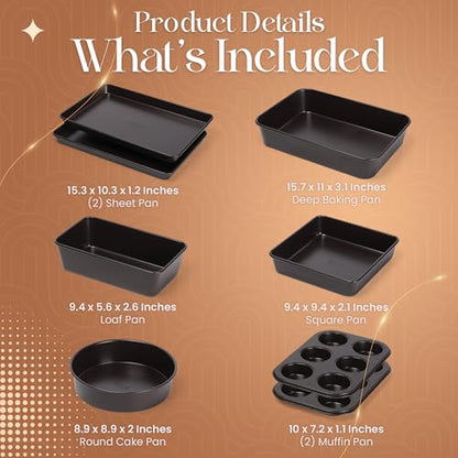 Nonstick Bakeware Set 8 Piece - Stackable Baking Pan Set, Oven safe 450°F, Carbon Steel Baking Set with Muffin, Loaf, Cookie Sheets & Roaster, Easy Storage, BPA-Free (Dark Brown)