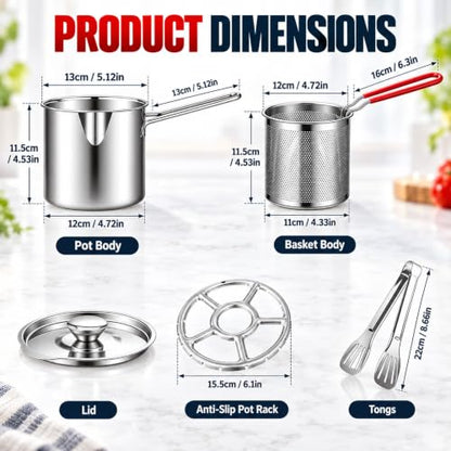 Stainless Steel Mini Fryer, Portable Fryer,Deep Stainless Steel Fryer,Includes Stainless Steels Pot,Removable Strainer Basket And Clips,Suitable For Frying French Fries,Chicken,Bacon