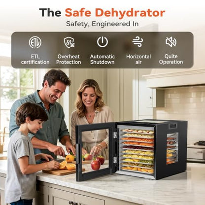 Manastin Food Dehydrator Machine 10 Stainless Steel Trays, 850W Dryer for Meat Jerky, Fruit, Herbs, Yogurt & Dog Treats, 95-167℉ Dehydrated Dryer, 48H Timer, 10 Presets, Overheating Protection, Black