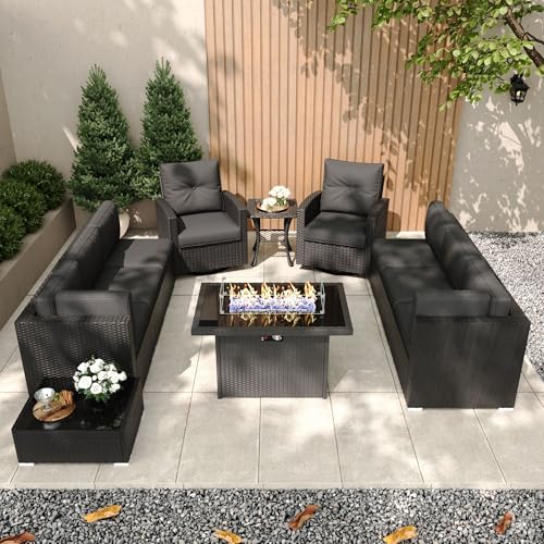 KHOLH Patio Furniture Set with Fire Pit Table, 11 Pieces Outdoor All-Weather Wicker Conversation Sectional Chair Sofa Set with 2 Swivel Chairs