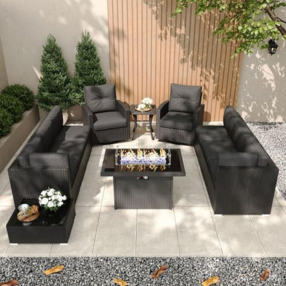 KHOLH Patio Furniture Set with Fire Pit Table, 11 Pieces Outdoor All-Weather Wicker Conversation Sectional Chair Sofa Set with 2 Swivel Chairs