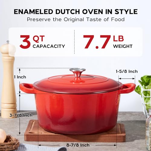 3QT Dutch Oven Pot with Lid, Onader Enameled Cast Iron Small Dutch Oven for Bread Sourdough Baking, Heavy Duty - Red