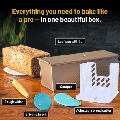 CRUSTLE 5-Pack Pullman loaf pan with Lid – Sourdough Loaf Pan Set, Includes Dough Scraper, Whisk, Silicone Cleaning Brush & Bread Cutter – Long Loaf Pan with Lid for Homemade Loaf