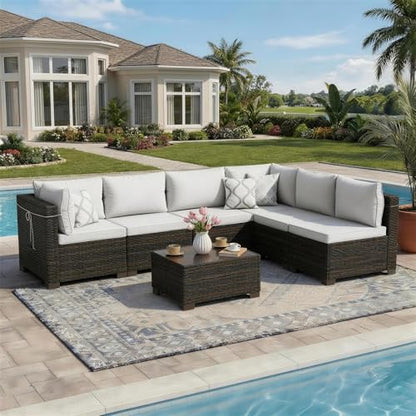 LAFWLL 7 Pieces Outdoor Patio Furniture Sets,Rattan Conversation Sectional Set,Manual Weaving Wicker Patio Sofa with Tea Table