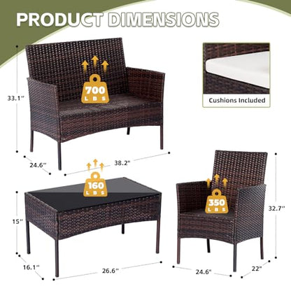 PAIQIAN Patio Furniture Set 4 Pieces, Outdoor Rattan Furniture with Tempered Glass Coffee Table, Modern Rattan Patio Chairs Conversation Sets with Sofa for Garden, Terrace, Porch, Lawns Brown/Beige