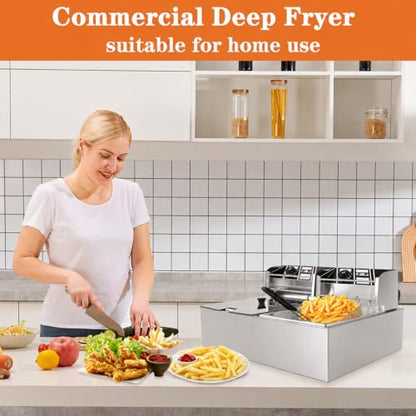 CooFel 20QT Electric Deep Fryer with Dual Baskets & Lids, 5000W Commercial Countertop Stainless Steel Double Tank Fryer with Temperature Control, for Restaurant & Home Use