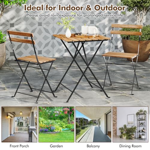 GIANTEX 3-Piece Acacia Wood Bistro Set, Patio Bistro Table with 2 Folding Chairs, Slatted Seat & Tabletop, Metal Frame, Outdoor Furniture Set for Backyard, Porch, Garden, Poolside (Black + Brown)