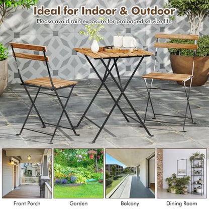 GIANTEX 3-Piece Acacia Wood Bistro Set, Patio Bistro Table with 2 Folding Chairs, Slatted Seat & Tabletop, Metal Frame, Outdoor Furniture Set for Backyard, Porch, Garden, Poolside (Black + Brown)