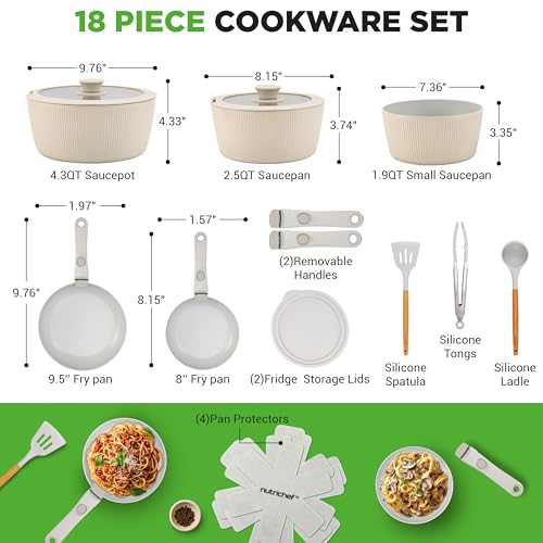 NutriChef 18-Piece Ceramic Cookware Set with Detachable Handles, Space-Saving Nonstick Pots, Pans & Lids, Oven-Safe Bowls, Stackable Storage, Includes Cooking Utensils & Accessories (Cream)