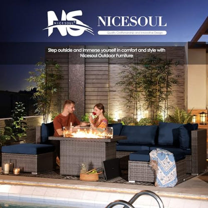 NICESOUL 11 Piece Outdoor Furniture Set with Firepit Table, Luxury 10-Person Patio Sectional Sets, 29.3'' High-Back Backyard Seating Area, All-Weather Rattan Couch Set for Outside, Deck, Grey&Blue