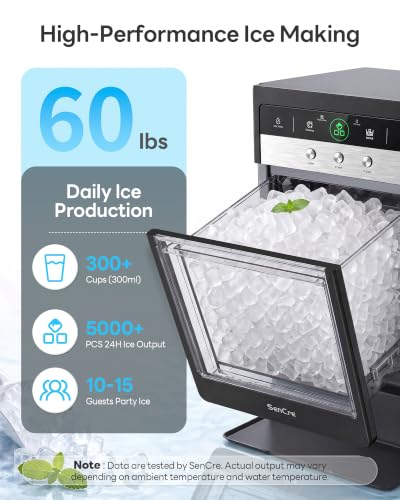 Nugget Ice Maker Countertop 60lbs/24H, 5-Min Ice Output, UV-C Purify