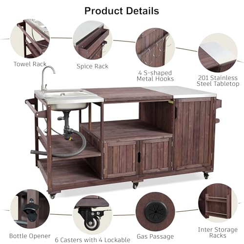 LUMISOL Outdoor Grill Table for Big Green Egg Grills, 75.4" Outdoor Kitchen Island with Sink, Solid Wood Rolling Kitchen Cart with Stainless Steel Top and Internal Storage Rack, Brown