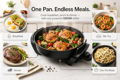 Moss & Stone Round Electric Skillet with Lid – 12x12 Inch Aluminum Nonstick Electric Frying Pan 5Qt, Adjustable Temperature Control, Vented Glass Lid, Dishwasher Safe, Heat-Resistant Handles