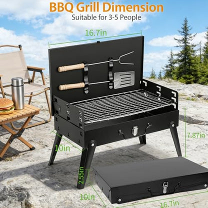 Portable Charcoal BBQ Grill Kit, Foldable Camping Mini Grill for Outdoor Cooking, Compact Design Barbecue Accessories with Barbecue Tools, Perfect for Beach, Backyard, Picnics (Mini Grill)