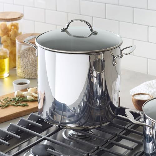 Sur La Table 16-Quart Stainless Steel Stockpot – Large Capacity Soup & Stew Pot with High Sides and Wide Base, Impact-Bonded Warp-Resistant Base, Riveted Handles, Oven & Induction, Rolled Rim for